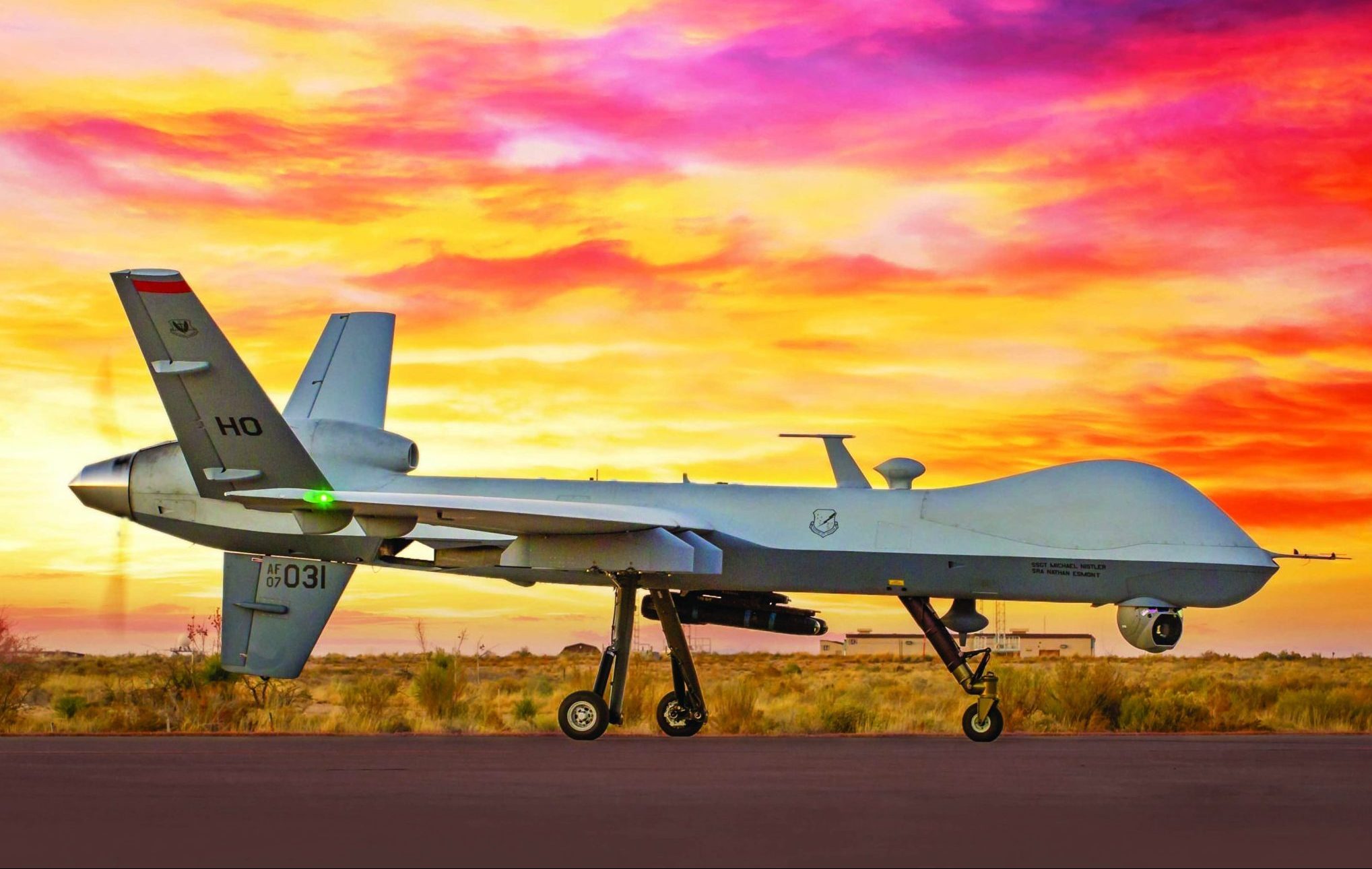 An MQ-9 Reaper remotely piloted aircraft taxis on the flightline at Holloman Air Force Base, N.M., Dec. 19, 2016. (U.S. Air Force photo by J.M. Eddins Jr.)