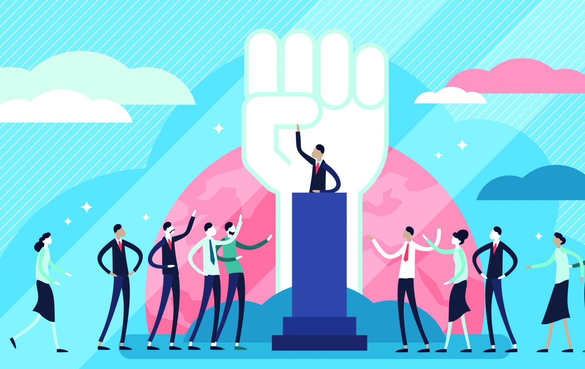 Populism vector illustration. Flat tiny leader manipulation persons concept. Disinformation strategy to lie crowd. Political fake news approach ideology. Trump demagogy speech power to persuade nation