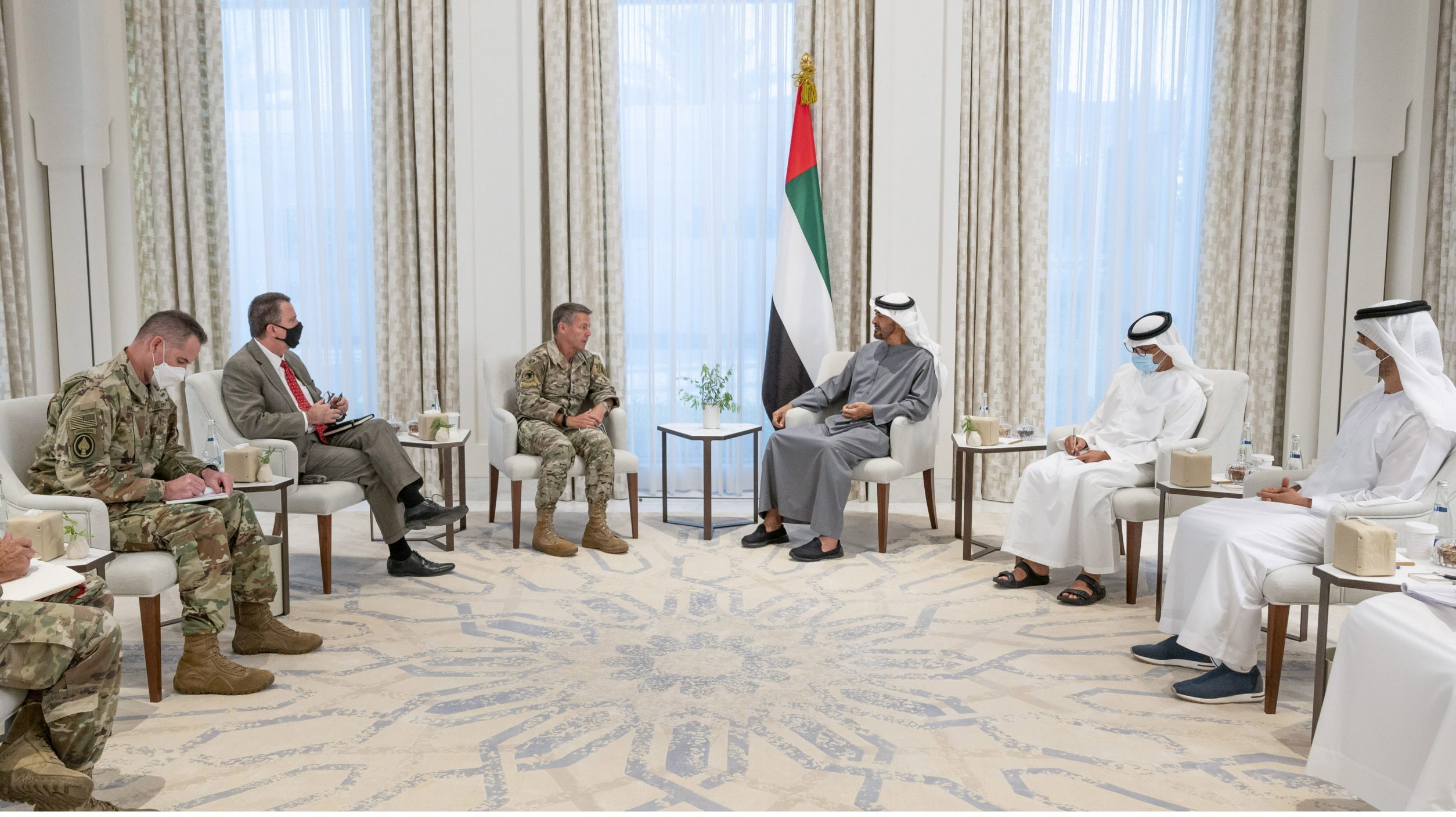 ABU DHABI, UNITED ARAB EMIRATES - June 16, 2021: HH Sheikh Mohamed bin Zayed Al Nahyan, Crown Prince of Abu Dhabi and Deputy Supreme Commander of the UAE Armed Forces (Centre R), meets with General Austin S. Miller, Commander of NATO's Resolute Support Mission and US Forces in Afghanistan (Centre L), at Al Shati Palace. Seen with  HH Sheikh Hamdan bin Mohamed bin Zayed Al Nahyan (R) and HE Major General Essa Saif Al Mazrouei, Deputy Chief of Staff of the UAE Armed Forces (2nd R).

( Hamad Al Kaabi / Ministry of Presidential Affairs )​
---