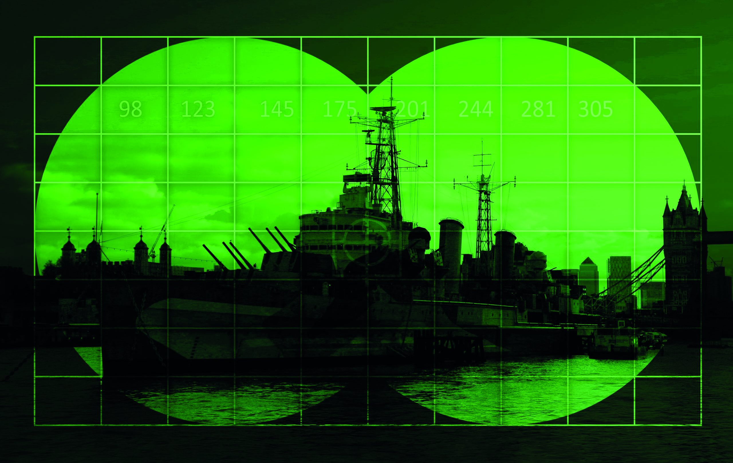 Warship on river - view through night vision