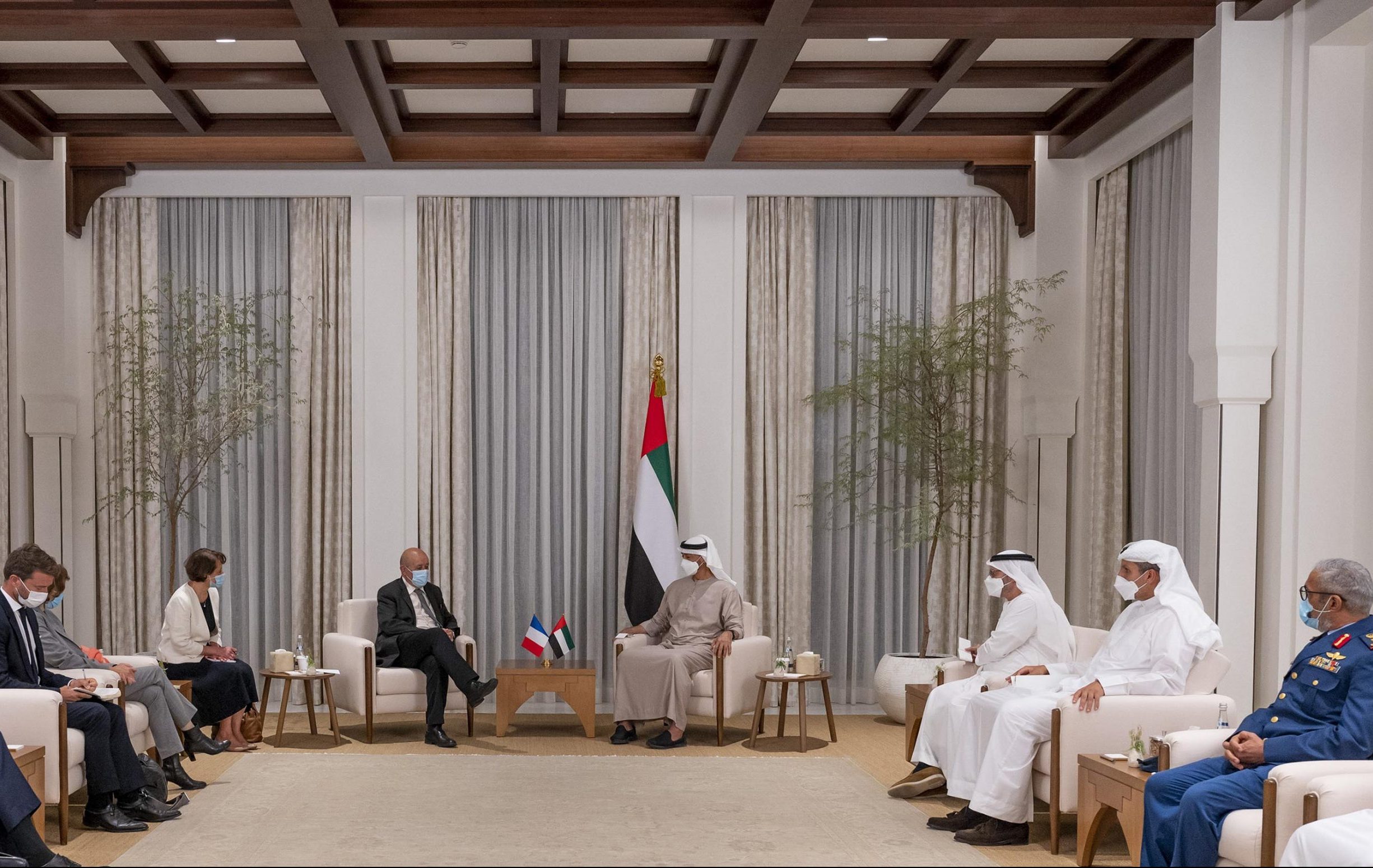 ABU DHABI, UNITED ARAB EMIRATES - August 23, 2021: HH Sheikh Mohamed bin Zayed Al Nahyan, Crown Prince of Abu Dhabi and Deputy Supreme Commander of the UAE Armed Forces (4th R) meets with HE Jean-Yves Le Drian, Minister of Europe and Foreign Affairs of France (5th R) and HE Florence Parly, Minister of the Armed Forces of France (6th R), at Al Shati Palace. Seen with HE Major General Essa Saif Al Mazrouei, Deputy Chief of Staff of the UAE Armed Forces (R), HE Khaldoon Khalifa Al Mubarak, CEO and Managing Director Mubadala, Chairman of the Abu Dhabi Executive Affairs Authority and Abu Dhabi Executive Council Member (2nd R) and HE Dr Anwar Mohamed Gargash, Diplomatic Advisor to the President  (3rd R).

( Hamad Al Kaabi / Ministry of Presidential Affairs )​
---