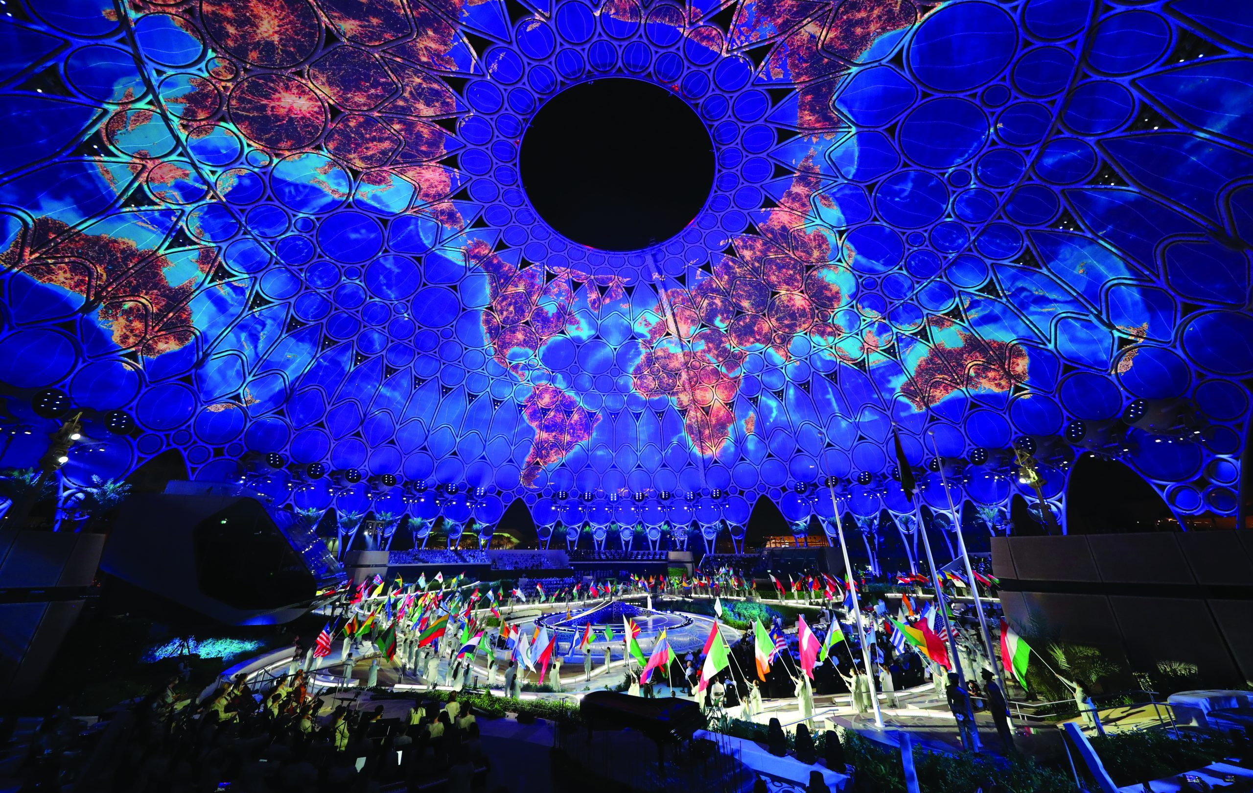 epa09497754 Dancers perform at the performance center at Al Wasl Plaza at the EXPO site during the official opening ceremony of EXPO 2020, Dubai, United Arab Emirates on 30 September 2021. 192 countries will take part by their pavilions in the EXPO 2020 Dubai which is the first international Expo to be held in the Middle East, Africa and South Asia (MEASA) region running between 01 October 2021 to 31 March 2022.  EPA/ALI HAIDER