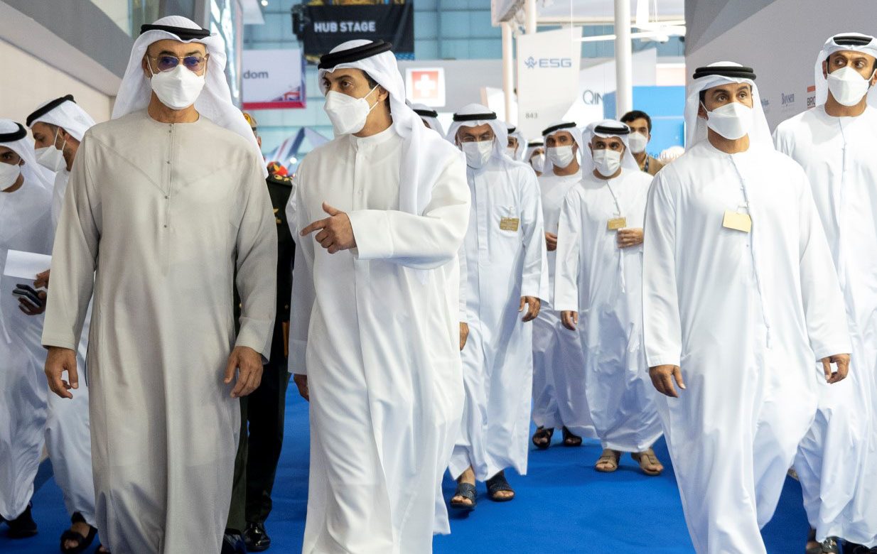 DUBAI, UNITED ARAB EMIRATES - November 16, 2021: HH Sheikh Mohamed bin Zayed Al Nahyan, Crown Prince of Abu Dhabi and Deputy Supreme Commander of the UAE Armed Forces (L) and HH Sheikh Mansour bin Zayed Al Nahyan, UAE Deputy Prime Minister and Minister of Presidential Affairs (2nd L), tour the 2021 Dubai Airshow. 

( Rashed Al Mansoori / Ministry of Presidential Affairs )
---