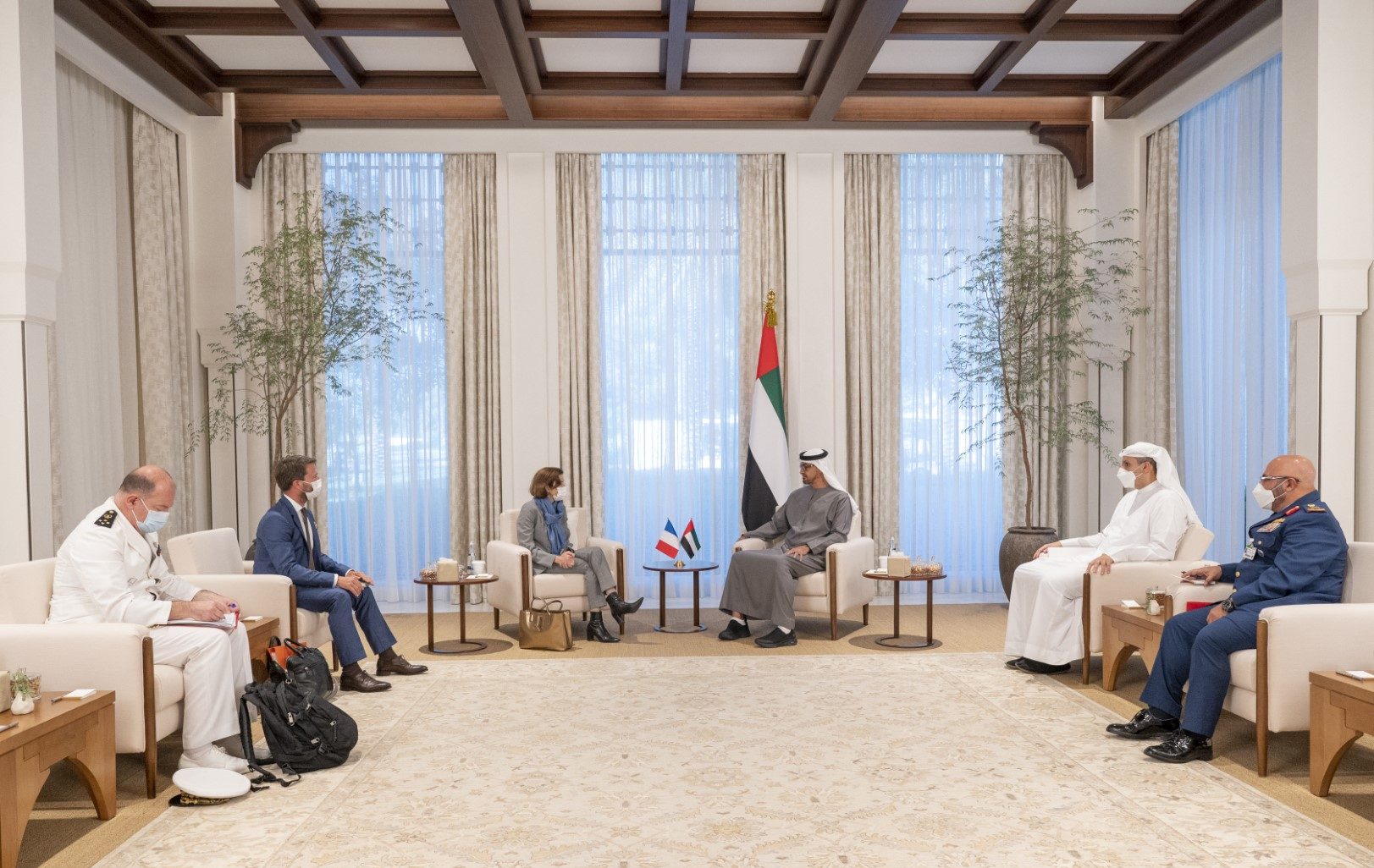 ABU DHABI, UNITED ARAB EMIRATES - November 14, 2021: HH Sheikh Mohamed bin Zayed Al Nahyan, Crown Prince of Abu Dhabi and Deputy Supreme Commander of the UAE Armed Forces (3rd R) meets with HE Florence Parly, Minister of Armed Forces of France (4th R), at Al Shati Palace. Seen with HE Major General Ibrahim Nasser Al Alawi, Commander of the UAE Air Forces and Air Defence (R) and HE Khaldoon Khalifa Al Mubarak, CEO and Managing Director Mubadala, Chairman of the Abu Dhabi Executive Affairs Authority and Abu Dhabi Executive Council Member (2nd R).

( Mohamed Al Hammadi / Ministry of Presidential Affairs )
---