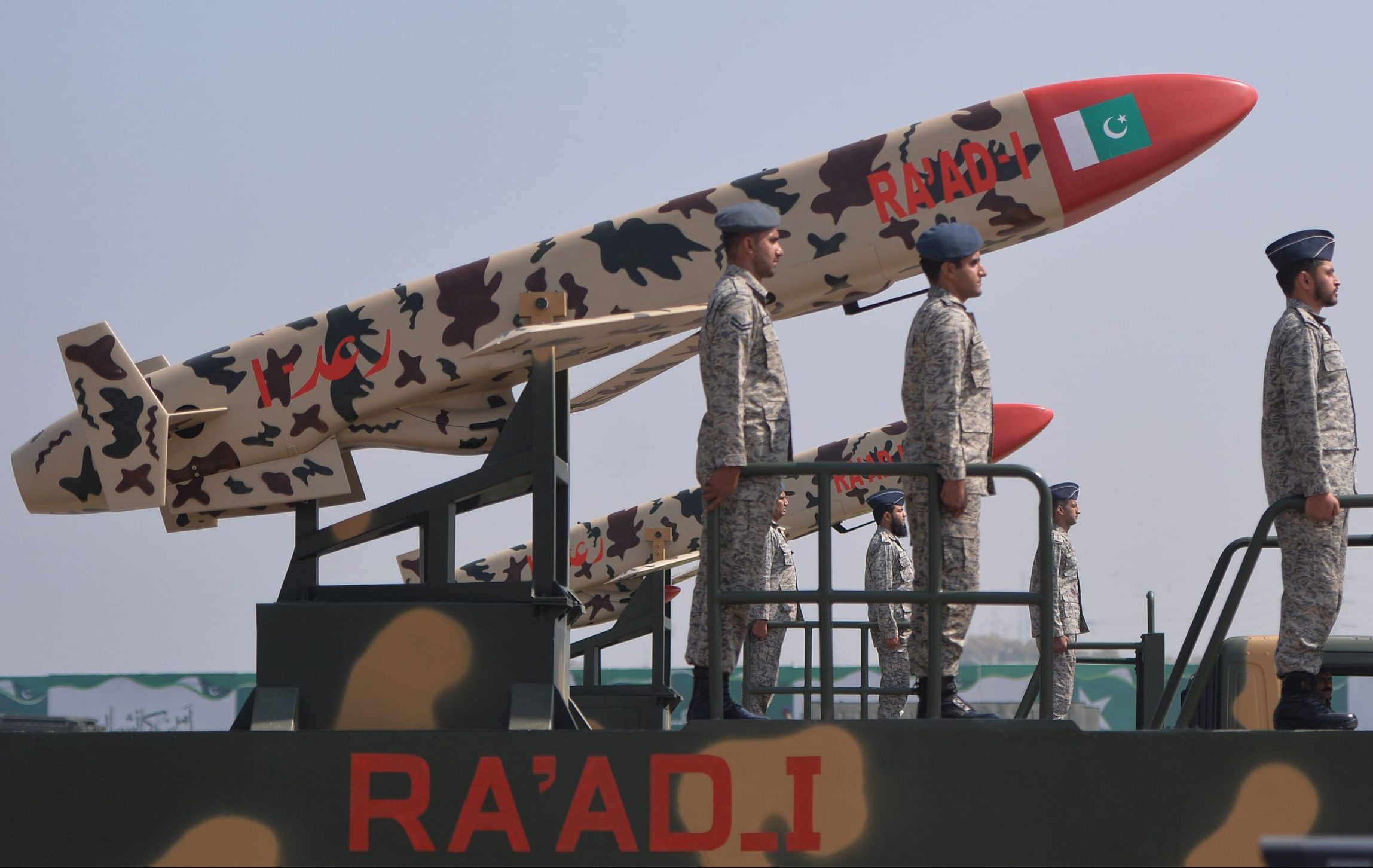 Pakistani army soldiers travel on a vehicle carrying Ra'ad cruise missiles during the Pakistan Day military parade in islamabad on March 23, 2018.
Pakistan National Day commemorates the passing of the Lahore Resolution, when a separate nation for the Muslims of The British Indian Empire was demanded on March 23, 1940. / AFP PHOTO / AAMIR QURESHI