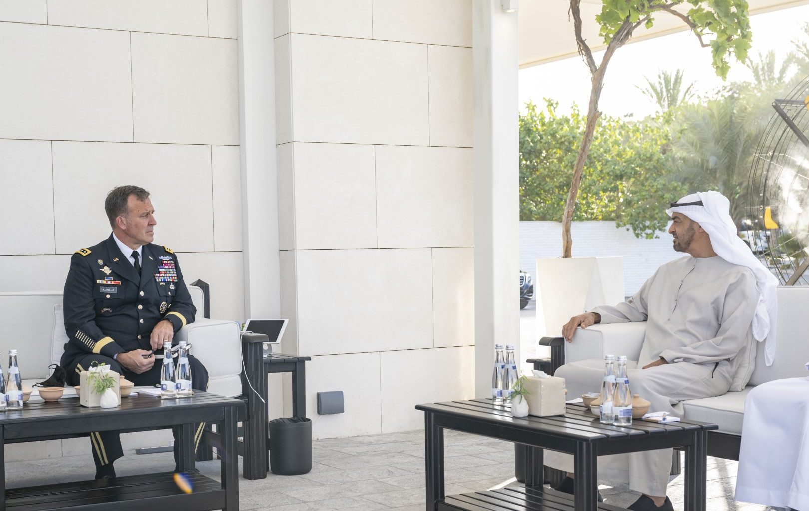 ABU DHABI, UNITED ARAB EMIRATES - May 12, 2022: HH Sheikh Mohamed bin Zayed Al Nahyan, Crown Prince of Abu Dhabi and Deputy Supreme Commander of the UAE Armed Forces (R) meets with General Michael Kurilla, the Commander of the US Central Command (L), at Al Shati Palace. 

( Hamad Al Kaabi / Ministry of Presidential Affairs )​
---