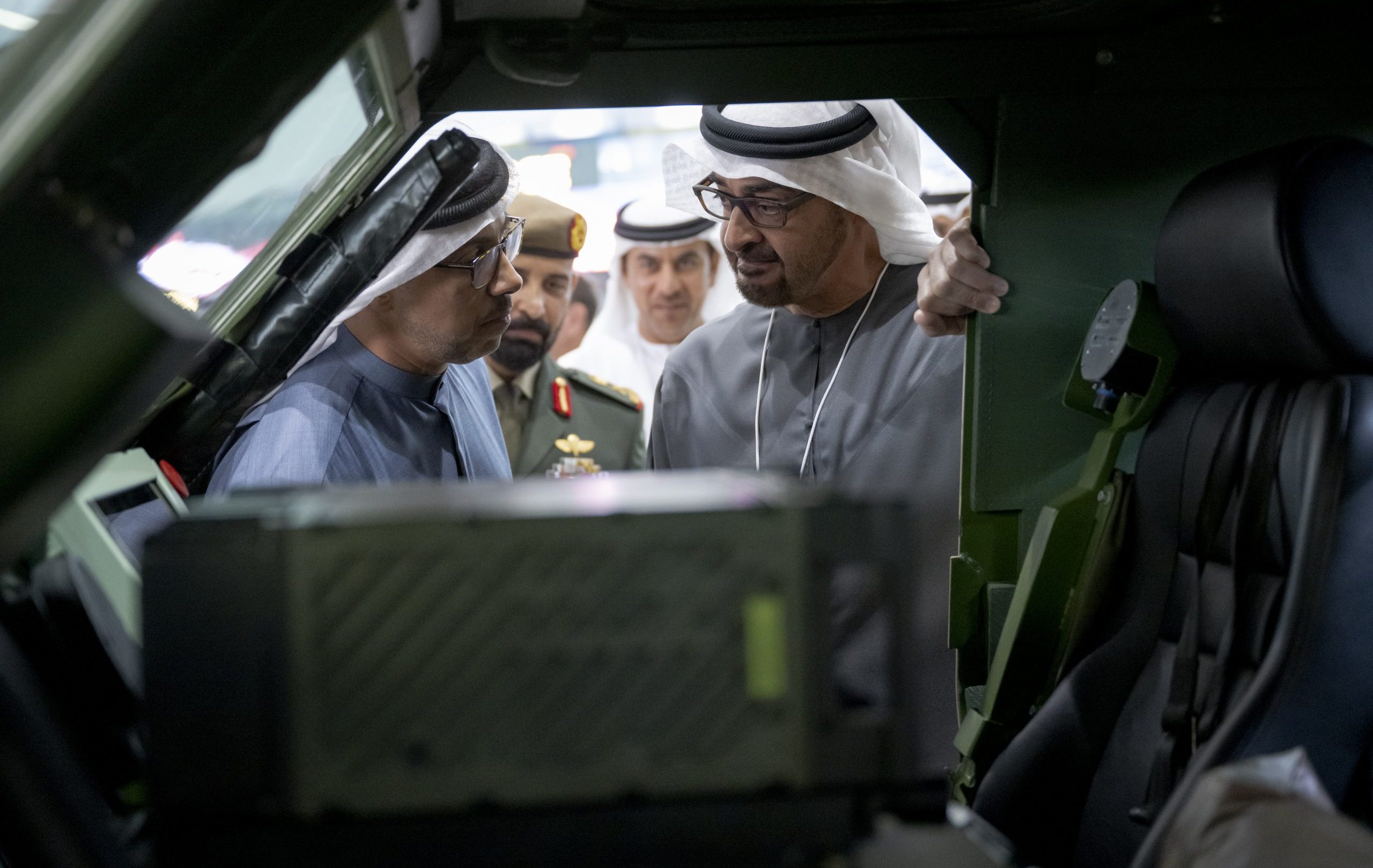 ABU DHABI, UNITED ARAB EMIRATES - February 21, 2023: HH Sheikh Mohamed bin Zayed Al Nahyan, President of the United Arab Emirates (R) and HH Sheikh Mansour bin Zayed Al Nahyan, UAE Deputy Prime Minister and Minister of the Presidential Court (L), tour the 2023 International Defence Exhibition and Conference (IDEX), at Abu Dhabi National Exhibition Centre (ADNEC).

( Hamad Al Kaabi / UAE Presidential Court )
---