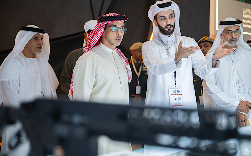 ABU DHABI, UNITED ARAB EMIRATES - February 16, 2025: HH Sheikh Mansour bin Zayed Al Nahyan, UAE Vice President and Deputy Prime Minister (2nd L), tours the 2025 International Defence Exhibition and Conference (IDEX), at Abu Dhabi National Exhibition Centre (ADNEC). 

( Eissa Al Hammadi / UAE Presidential Court )
---