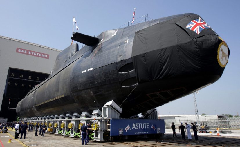 Britain's Royal Navy nuclear-powered submarine HMS Astute is launched at the Devonshire Dock Hall in Barrow-in-Furness, northwest England in a June 8, 2007 file photo. A British Royal Navy nuclear-powered submarine ran aground off the coast of Scotland on Friday, a Ministry of Defence spokesman said. 