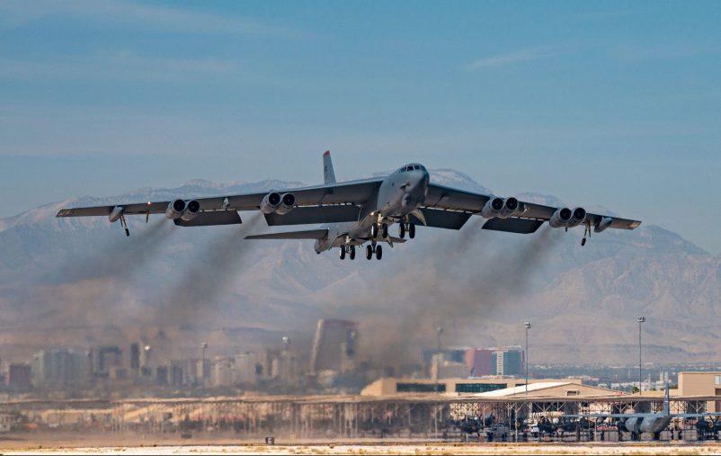 A B-52 Stratofortress bomber aircraft assigned to the 340th Weapons Squadron at Barksdale Air Force Base, Louisiana, takes off during a U.S. Air Force Weapons School Integration exercise at Nellis AFB, Nevada, June 2, 2021.         William Lewis/USAF