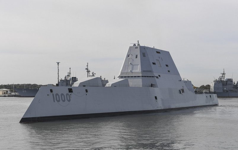 The guided-missile destroyer USS Zumwalt (DDG 1000) transits Naval Station Mayport Harbor on its way into port in Jacksonville, Florida on October 25, 2016. 
Crewed by 147 Sailors, Zumwalt is the lead ship of a class of next-generation destroyers designed to strengthen naval power by performing critical missions and enhancing US deterrence, power projection and sea control objectives. / AFP / US NAVY / PO2 Timothy SCHUMAKER        (Photo credit should read PO2 TIMOTHY SCHUMAKER/AFP/Getty Images)