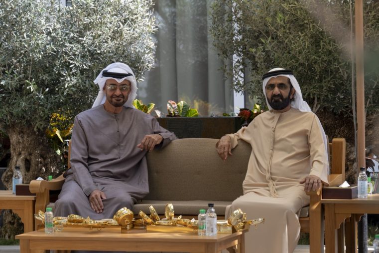 DUBAI, UNITED ARAB EMIRATES - February 21, 2022: HH Sheikh Mohamed bin Zayed Al Nahyan, Crown Prince of Abu Dhabi and Deputy Supreme Commander of the UAE Armed Forces (L), meets with HH Sheikh Mohamed bin Rashid Al Maktoum, Vice-President, Prime Minister of the UAE, Ruler of Dubai and Minister of Defence (R), at Al Marmoom. 

( Mohamed Al Hammadi / Ministry of Presidential Affairs )
---