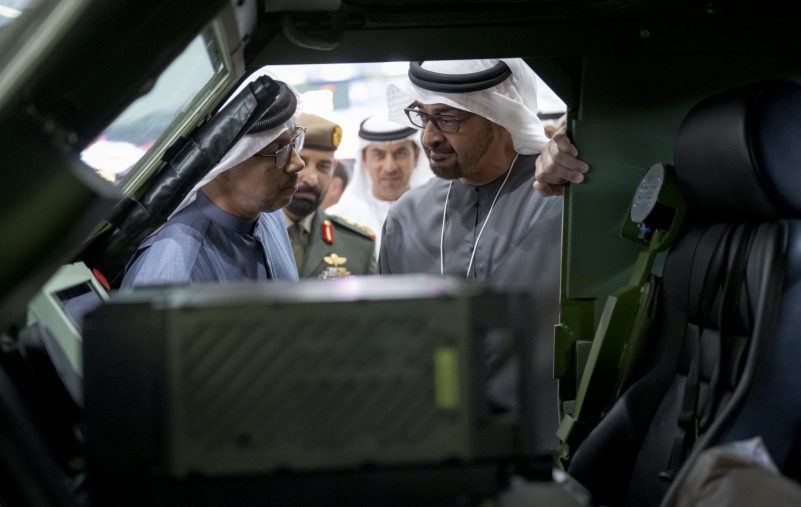 ABU DHABI, UNITED ARAB EMIRATES - February 21, 2023: HH Sheikh Mohamed bin Zayed Al Nahyan, President of the United Arab Emirates (R) and HH Sheikh Mansour bin Zayed Al Nahyan, UAE Deputy Prime Minister and Minister of the Presidential Court (L), tour the 2023 International Defence Exhibition and Conference (IDEX), at Abu Dhabi National Exhibition Centre (ADNEC).

( Hamad Al Kaabi / UAE Presidential Court )
---