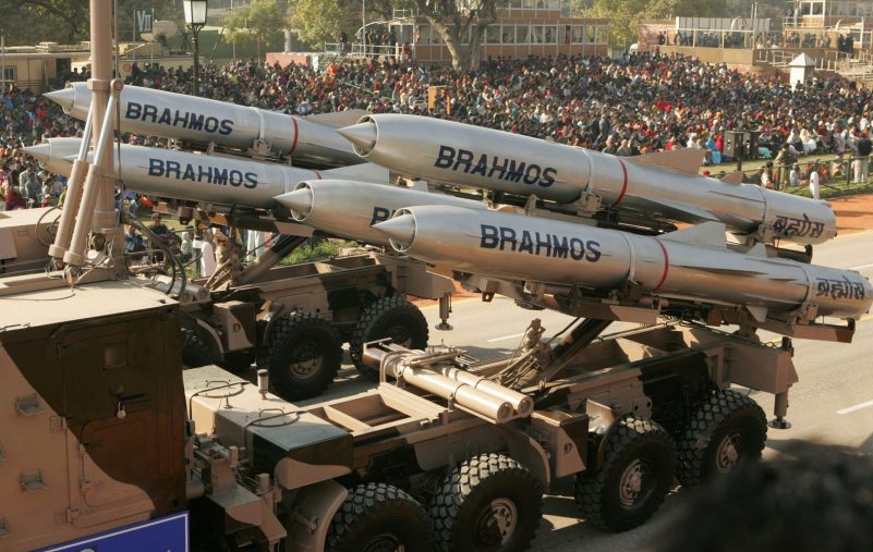 India's Brahmos supersonic cruise missiles pass by during a full dress rehearsal for the Republic Day parade in New Delhi