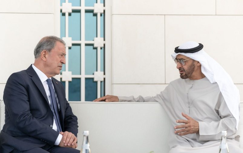 ABU DHABI, UNITED ARAB EMIRATES - May 30, 2022: HH Sheikh Mohamed bin Zayed Al Nahyan, President of the UAE (R), meets with HE Hulusi Akar, Minister of National Defence of Turkey (L), at Al Shati Palace.

( Rashed Al Mansoori / Ministry of Presidential Affairs )
---