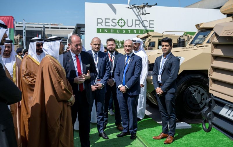 ABU DHABI, UNITED ARAB EMIRATES - February 20, 2023: HH Sheikh Mansour bin Zayed Al Nahyan, UAE Deputy Prime Minister and Minister of the Presidential Court (front L) tours the 2023 International Defence Exhibition and Conference (IDEX), at Abu Dhabi National Exhibition Centre (ADNEC).
( Rashed Al Mansoori / UAE Presidential Court )
---