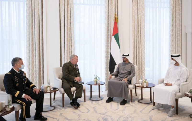 ABU DHABI, UNITED ARAB EMIRATES - October 19, 2021: HH Sheikh Mohamed bin Zayed Al Nahyan, Crown Prince of Abu Dhabi and Deputy Supreme Commander of the UAE Armed Forces (center R), meets with General Kenneth McKenzie, Jr, Commander of the United States Central Command (center L), at Al Shati Palace. Seen with HH Sheikh Hamdan bin Mohamed bin Zayed Al Nahyan (R). 
( Ryan Carter / Ministry of Presidential Affairs )
---