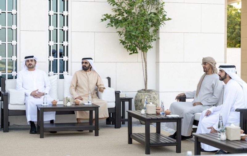 ABU DHABI, UNITED ARAB EMIRATES - February 10, 2022: HH Sheikh Mohamed bin Zayed Al Nahyan, Crown Prince of Abu Dhabi and Deputy Supreme Commander of the UAE Armed Forces (2nd R) meets with HH Sheikh Mohamed bin Rashid Al Maktoum, Vice-President, Prime Minister of the UAE, Ruler of Dubai and Minister of Defence (3rd R), at Al Shati Palace. Seen with HH Sheikh Hamdan bin Mohamed Al Maktoum, Crown Prince of Dubai (R) and HH Sheikh Maktoum bin Mohamed bin Rashid Al Maktoum, Deputy Ruler of Dubai Deputy Prime Minister and UAE Minister of Finance (L).

( Abdulla Al Neyadi for the Ministry of Presidential Affairs )
---