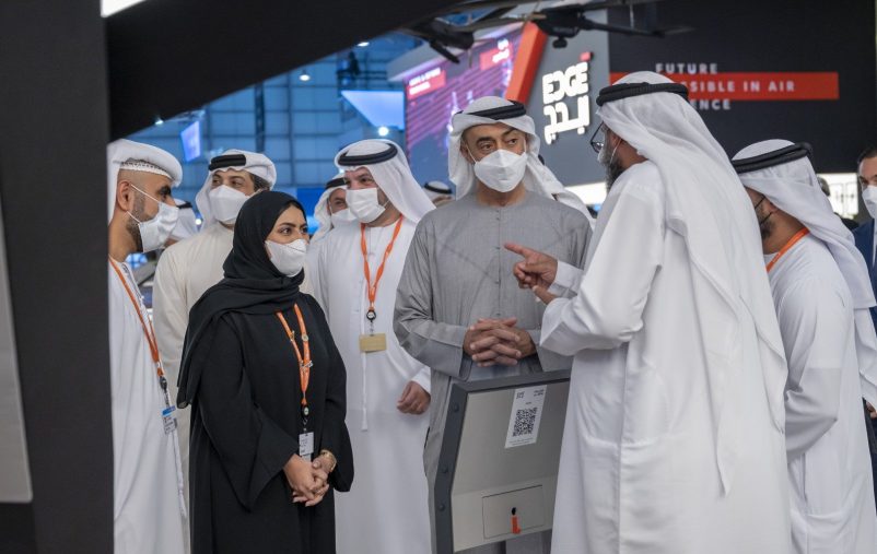 DUBAI, UNITED ARAB EMIRATES - November 18, 2021: HH Sheikh Mohamed bin Zayed Al Nahyan, Crown Prince of Abu Dhabi and Deputy Supreme Commander of the UAE Armed Forces (3rd R), tours the 2021 Dubai Airshow. Seen with Faisal Al Bannai, Chief Executive and Managing Director of EDGE (4th R) and HH Sheikh Mansour bin Zayed Al Nahyan, UAE Deputy Prime Minister and Minister of Presidential Affairs (5th R).

( Hamad Al Kaabi / Ministry of Presidential Affairs )​
---