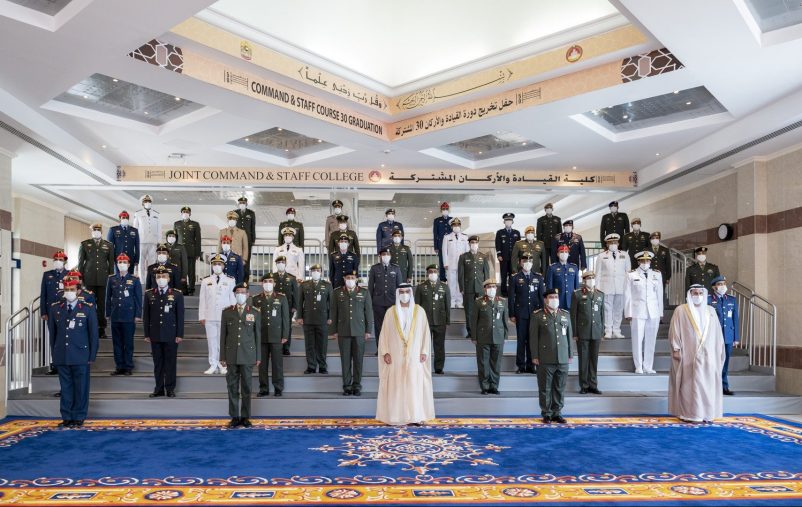 ABU DHABI, UNITED ARAB EMIRATES - July 14, 2021: HH Sheikh Hamed bin Zayed Al Nahyan, Abu Dhabi Executive Council Member (front 3rd R) stands for a photograph during the Joint Command and Staff College (JCSC) graduation ceremony. Seen with HE Lt General Hamad Thani Al Romaithi, Chief of Staff UAE Armed Forces 

( Mohamed Al Hammadi / Ministry of Presidential Affairs )
---