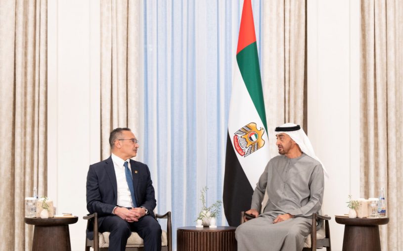ABU DHABI, UNITED ARAB EMIRATES - September 19, 2022: HH Sheikh Mohamed bin Zayed Al Nahyan, President of the United Arab Emirates (R), meets with HE Hishammuddin Hussein, Minister of Defence of Malaysia (L), at Al Shati Palace. 

( Mohamed Al Hammadi / UAE Presidential Court )
---