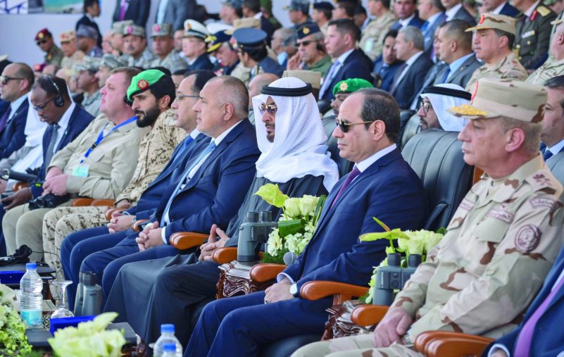 BERENICE, EGYPT - January 15, 2020: HH Sheikh Mohamed bin Zayed Al Nahyan, Crown Prince of Abu Dhabi and Deputy Supreme Commander of the UAE Armed Forces (3rd R) and HE Abdel Fattah El Sisi, President of Egypt (2nd R), attend the opening ceremony of Berenice Military Base. Seen with HE Boyko Borissov, Prime Minister of Bulgaria (4th R) and HH Sheikh Nasser bin Hamad bin Isa Al Khalifa (6th R).

( Hamad Al Kaabi /  Ministry of Presidential Affairs )
—