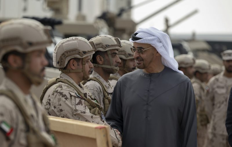 AL DHAFRA REGION, ABU DHABI, UNITED ARAB EMIRATES - February 27, 2023: HH Sheikh Mohamed bin Zayed Al Nahyan, President of the United Arab Emirates (R) greets member of the UAE Armed Forces, during the UAE and Malaysia joint military exercies titled ‘Desert Tiger Exercise 6’ at Al Hamra Camp.
( Mohamed Al Hammadi / UAE Presidential Court )
---