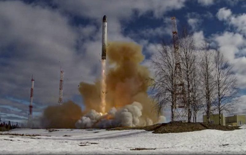 epa09899716 A handout still image taken from handout video made available by the Russian Defence ministry press-service shows launch of the Russian new intercontinental ballistic missile 'Sarmat' on Plesetsk Cosmodrome in Arkhangelsk region, (800 km north of Moscow), Russia, 20 April 2022. The 'Sarmat' missile has unique characteristics that allow it to reliably overcome any existing and future anti-missile defense systems. 'Thanks to the energy-mass characteristics of the missile, the range of its combat equipment has fundamentally expanded both in terms of the number of warheads and types, including planning hypersonic units,' said a statement from the Russian Defense ministry.  EPA/RUSSIAN DEFENCE MINISTRY PRESS SERVICE / HANDOUT  HANDOUT EDITORIAL USE ONLY/NO SALES