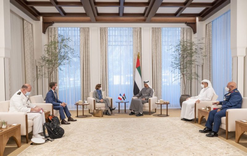 ABU DHABI, UNITED ARAB EMIRATES - November 14, 2021: HH Sheikh Mohamed bin Zayed Al Nahyan, Crown Prince of Abu Dhabi and Deputy Supreme Commander of the UAE Armed Forces (3rd R) meets with HE Florence Parly, Minister of Armed Forces of France (4th R), at Al Shati Palace. Seen with HE Major General Ibrahim Nasser Al Alawi, Commander of the UAE Air Forces and Air Defence (R) and HE Khaldoon Khalifa Al Mubarak, CEO and Managing Director Mubadala, Chairman of the Abu Dhabi Executive Affairs Authority and Abu Dhabi Executive Council Member (2nd R).

( Mohamed Al Hammadi / Ministry of Presidential Affairs )
---