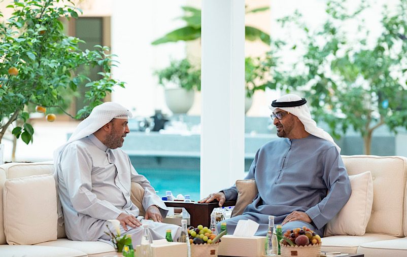 ABU DHABI, UNITED ARAB EMIRATES - September 1, 2023: HH Sheikh Mohamed bin Zayed Al Nahyan, President of the United Arab Emirates (R), meets with HE Sheikh Ahmed Fahad Al Sabah, Deputy Prime Minister and Minister of Defence of Kuwait (L), at Al Shati Palace. 
( Ryan Carter / UAE Presidential Court )
---