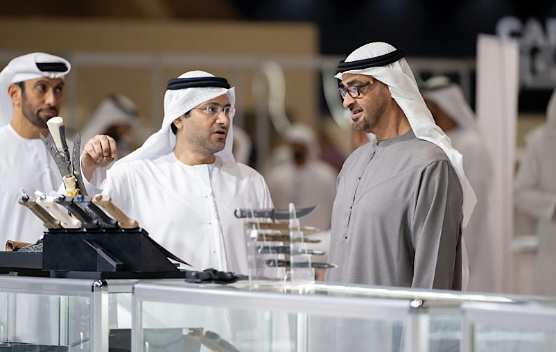 ABU DHABI, UNITED ARAB EMIRATES - September 04, 2023: HH Sheikh Mohamed bin Zayed Al Nahyan, President of the United Arab Emirates (R), speaks with an exhibitor, during a tour of the Abu Dhabi International Hunting and Equestrian Exhibition (ADIHEX), at ADNEC.

( Mohamed Al Hammadi / UAE Presidential Court )
---