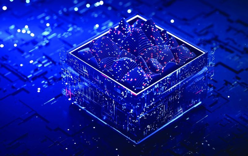 Blue data analysis process. Fictional circuit board with signal analyzer. 3D rendering illustration with DOF