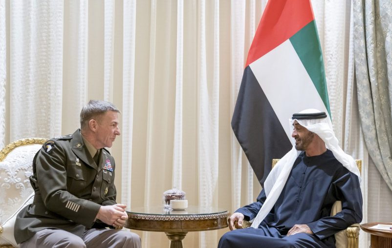 ABU DHABI, UNITED ARAB EMIRATES - December 17, 2019: HH Sheikh Mohamed bin Zayed Al Nahyan, Crown Prince of Abu Dhabi and Deputy Supreme Commander of the UAE Armed Forces (R) meets with General James McConville, US Chief of Staff of the Army (L), at Al Shati Palace.

( Mohamed Al Hammadi / Ministry of Presidential Affairs )
---