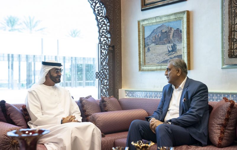 ABU DHABI, UNITED ARAB EMIRATES - December 14, 2019: HH Sheikh Mohamed bin Zayed Al Nahyan, Crown Prince of Abu Dhabi and Deputy Supreme Commander of the UAE Armed Forces (L), meets with General Qamar Javed Bajwa, Chief of Army Staff of the Pakistan Army (R), at the Sea Palace. 
( Ryan Carter / Ministry of Presidential Affairs )
---