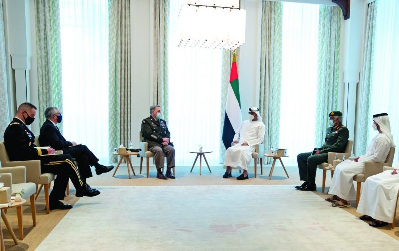 ABU DHABI, UNITED ARAB EMIRATES - December 18, 2020: HH Sheikh Mohamed bin Zayed Al Nahyan, Crown Prince of Abu Dhabi and Deputy Supreme Commander of the UAE Armed Forces (5th R), meets with General Mark A. Milley, Chairman of the U.S. Joint Chiefs of Staff (6th R), at Al Shati Palace. Seen with (R-L) HE Mohamed Mubarak Al Mazrouei, Undersecretary of the Crown Prince Court of Abu Dhabi, HH Sheikh Mohamed bin Hamad bin Tahnoon Al Nahyan, HH Sheikh Hamdan bin Mohamed bin Zayed Al Nahyan and HE Brigadier General Saleh Mohamed Saleh Al Ameri, Commander of the UAE Ground Forces.

( Hamad Al Kaabi / Ministry of Presidential Affairs )​
---