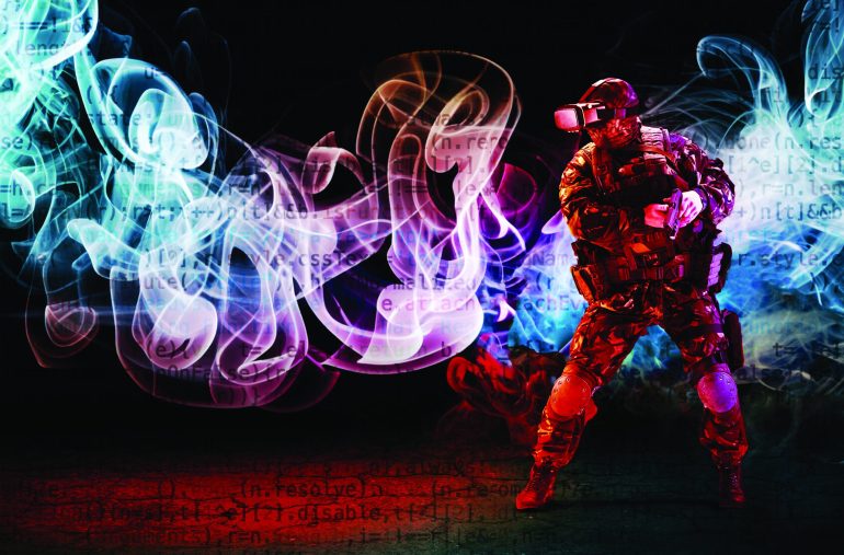 A soldier with virtual reality glasses is holding a pistol in his hands. The concept of a virtual hologram. Simulation Games.